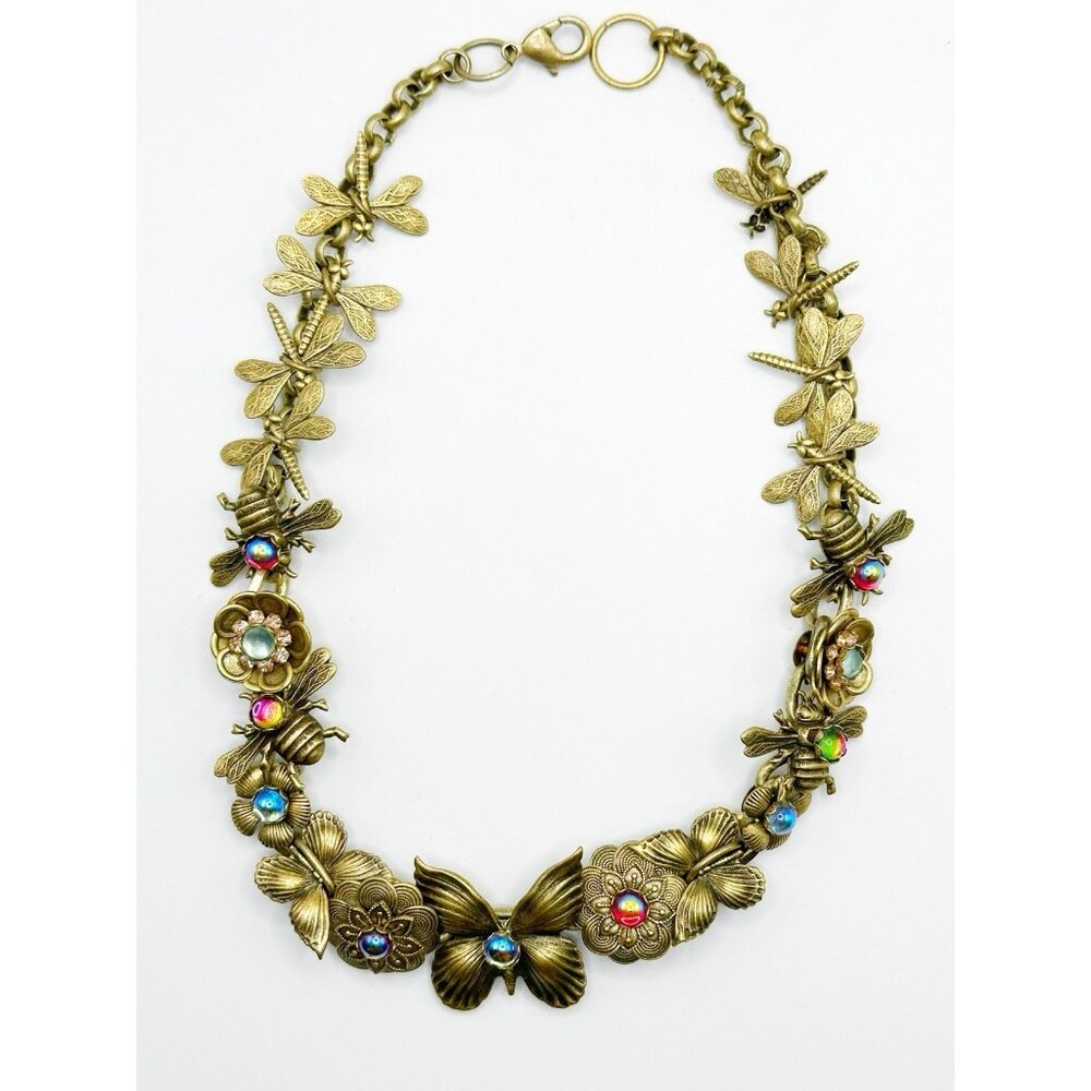 Butterfly, Bees, Dragonflies Floral Goldtone Jeweled Choker Necklace 15.5” - Picture 2 of 8